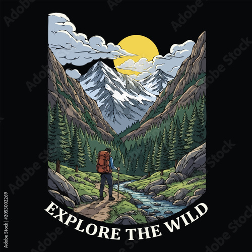 Vintage Mountain Adventure Hiking Badge Illustration with Backpacker in Forest Valley Landscape