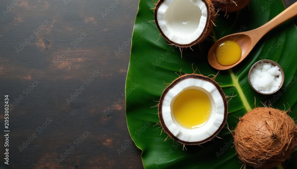 Obraz premium Coconut oil and MCT oil on green leaf. Whole coconut and half with yellow liquid inside. Wood spoon holds oil drop, small bowl has solid oil.