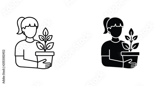 Woman holding potted plant icon set in line and solid black vector design