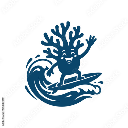 Photography Happy cartoon coral character surfing on a blue wave.
