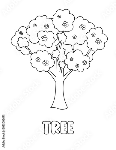 Letter T. Tree. Learning ABC coloring page for kids. Black and white hand drawn vector illustration for children. Cute outline drawing and text for coloring. Preschool, kindergarten activity