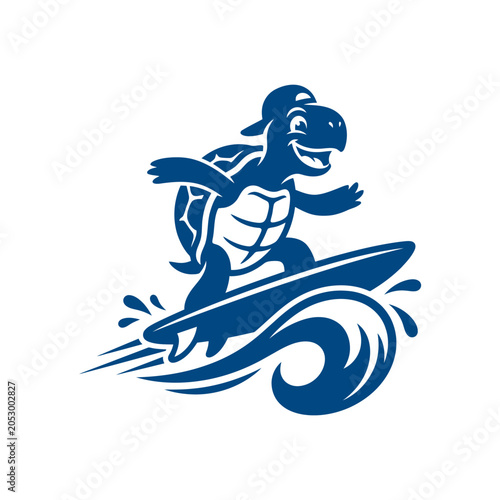 Sticker Sea turtle character surfing on a wave with backpack.