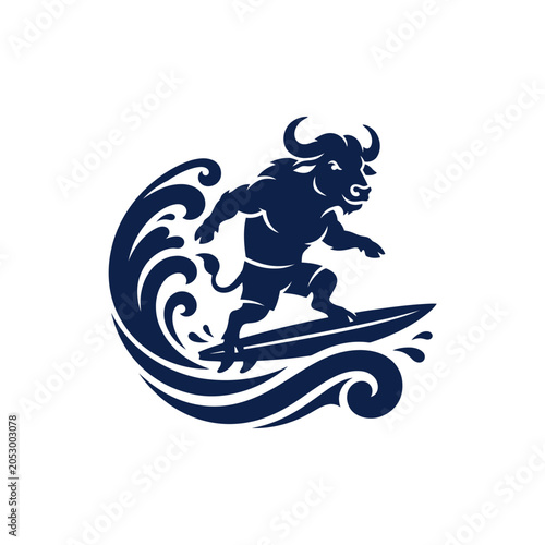 Photography Strong bull mascot surfing on ocean waves logo.