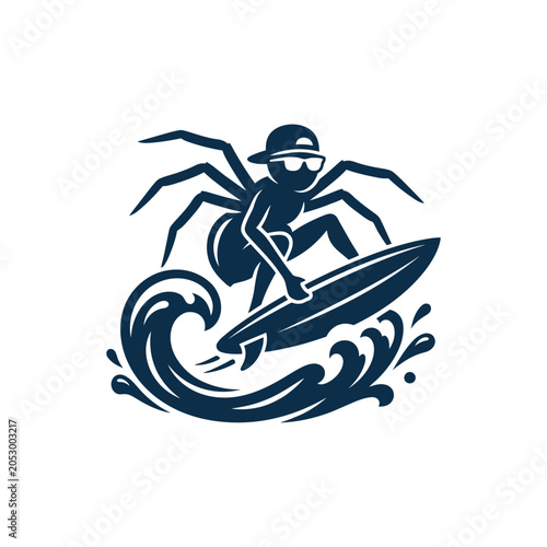 Canvas Print Stylized spider wearing sunglasses surfing on a blue wave.