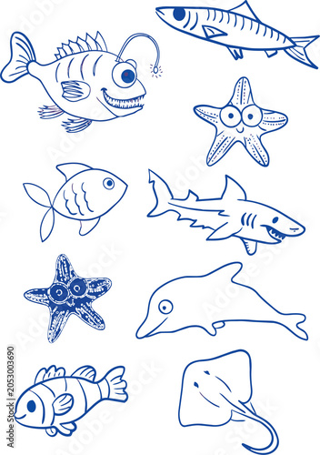 Cute Cartoon Sea Fish and Marine Animal Vector Icon Set Seamless Design