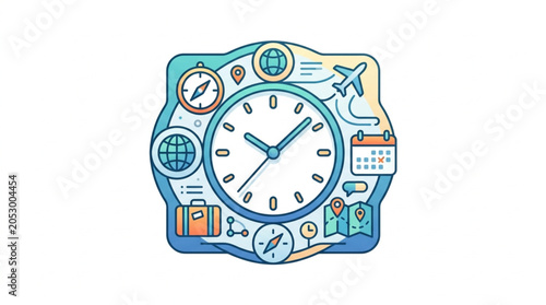 Fotografie Travel Time Concept With Clock And Icons.