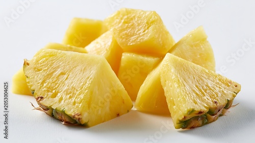 Sweet pineapple chunks and slices sit on a plain white surface.