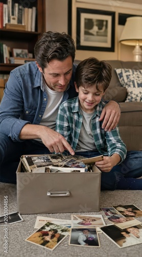 Father and son sorting family photographs