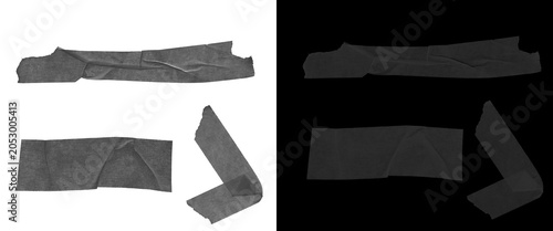 Foto Black gaffer tape strips set, wrinkled adhesive duct tape pieces on white and bl