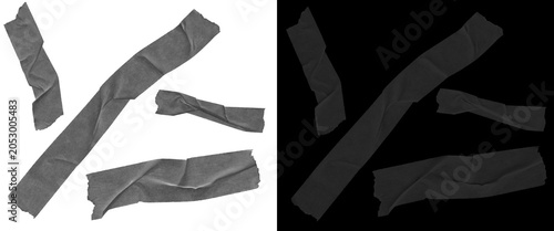 Slika na platnu Black gaffer tape strips collection, wrinkled adhesive masking tape pieces on wh