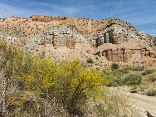 Desert canyon landscape in Granada Geopark with colorful cliffs