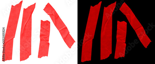 Foto Red adhesive tape strips set, torn masking tape pieces on white and black backgr