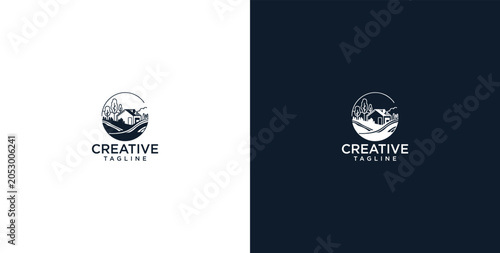 Quadro su tela Minimalist Circular Mountain Landscape Logo Design Featuring Stylized Forest and