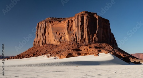 A large desert rock mesa or butte surrounded by bright white sand under a clear blue sky during daytime