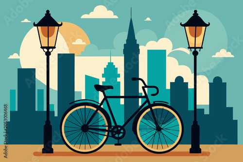 Bicycle silhouette filled with cityscape with cafe and street lamps, no background