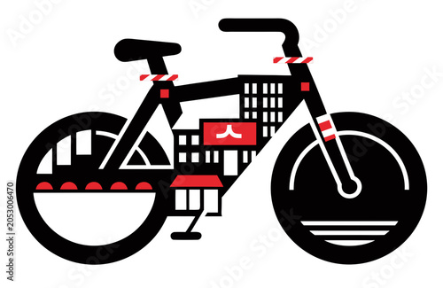 Bicycle silhouette filled with cityscape with cafe and street lamps, no background