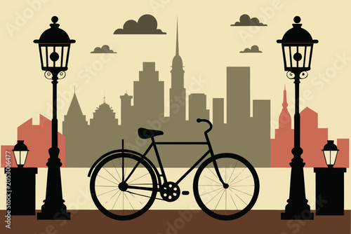Bicycle silhouette filled with cityscape with cafe and street lamps, no background