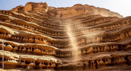 Sand waterfall flowing down eroded canyon wall