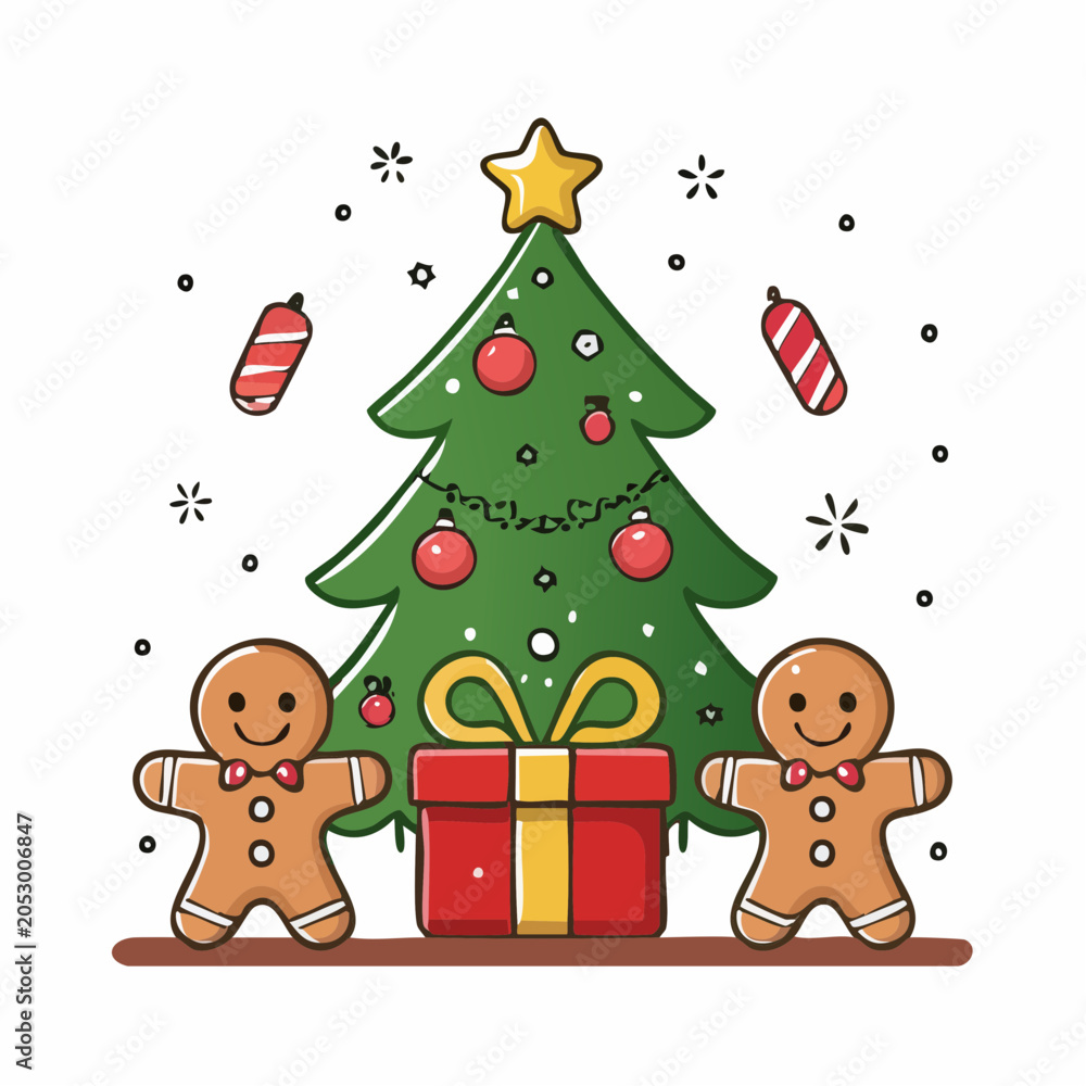 Fototapeta premium Christmas Tree with Gingerbread Men and Gift