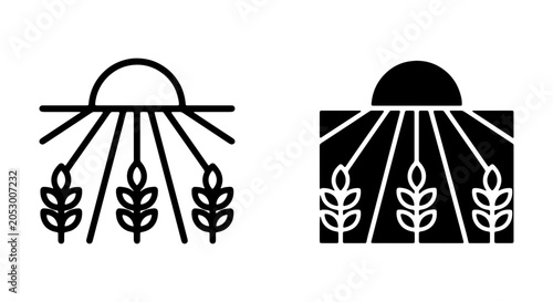 Konstfotografi Minimalist Wheat Field Icons, Sunrise Agriculture Symbols, Organic Farming Vecto