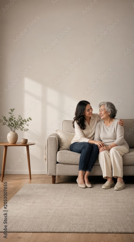 Obraz premium Daughter and elderly mother on sofa with copy space