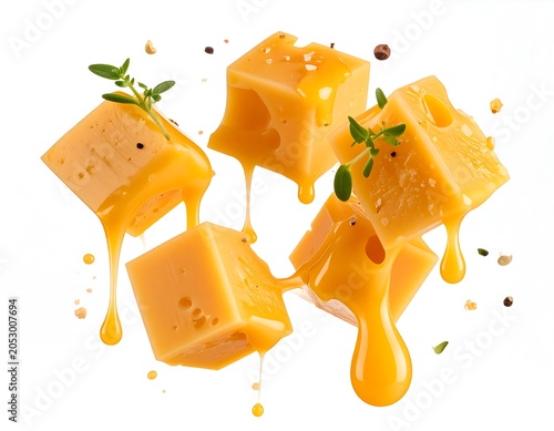 Cubed cheese blocks, some with holes, feature flowing sauce. Sprigs of herbs and peppercorns also appear, floating against a white backdrop