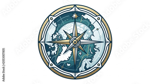 Fotografia Vintage Compass Rose Showing World Map and North Star.