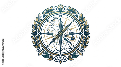 Tablou pe pânză Vintage Compass Rose with Map and Laurel Wreath.