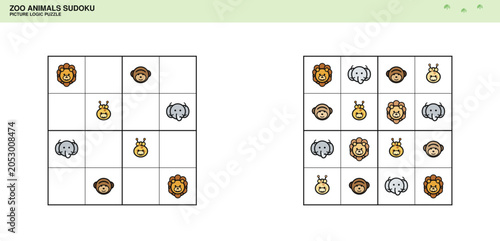 Zoo Animals Picture Sudoku Puzzle for Kids Vector