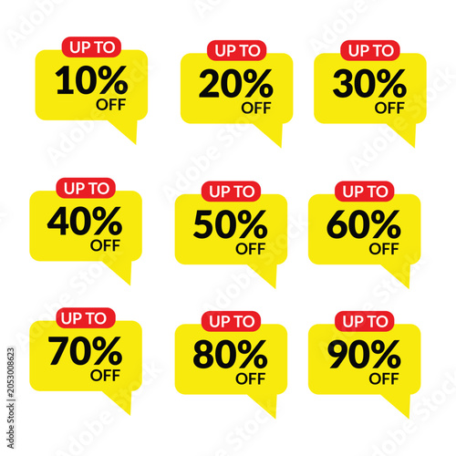 Bright Yellow Speech Bubble Discount Tags 10 to 90 Off Sale Signs for Retail & Online Stores