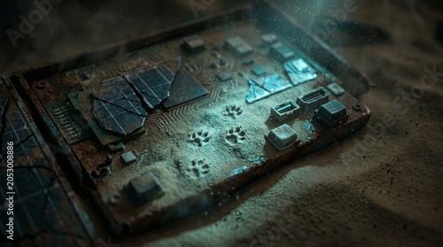 Macro close-up of an abandoned, dusty circuit board with tiny animal paw prints in a post-apocalyptic setting.