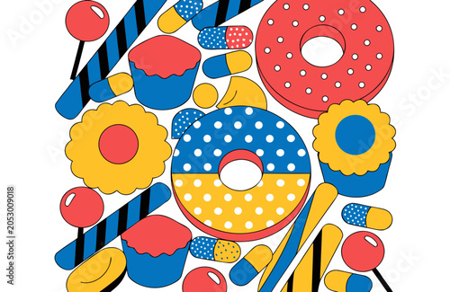 Square composition of sweets: donuts, muffins, candies, no background