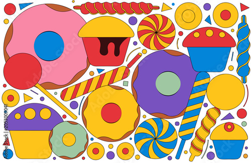 Square composition of sweets: donuts, muffins, candies, no background