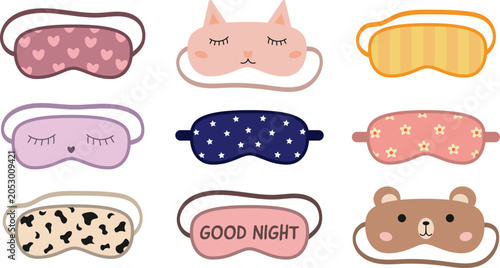 Tableau sur toile Cute Sleep Masks Set with Funny Animal Faces and Pattern Designs Vector Illustra