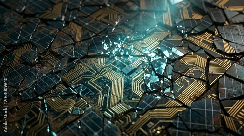 Abstract macro texture of shattered solar panels and golden circuit boards with glowing cyan light.
