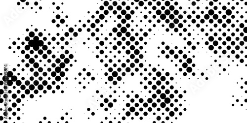 Foto Abstract black and white halftone dots pattern background dynamic chaotic circle matrix texture, seamless pop art polka dot graphic overlay design element with copy space for banner