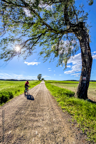 Cyclist alone on a gravel rural road. Wide view.