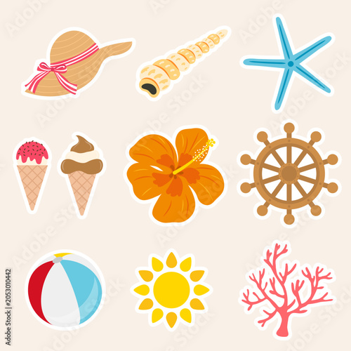 Summer icon pack. Set of hat, seashell, starfish, ice cream,  hibiscus, boat wheel, beach ball, sun and coral stickers in flat design. Vector illustration.