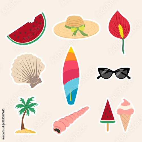 Summer icon pack. Set of watermelon, summer hat, Anthurium, seashell, surfboard, sunglasses, palm, and ice cream stickers in flat design. Vector illustration.