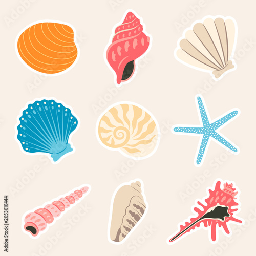 Set of Seashell stickers in flat design. Summer icon pack. Vector illustration. Coastal ocean shell set with conch, scallop, nautilus, oyster, clam, spiral shells, starfish, coral, marine elements. 