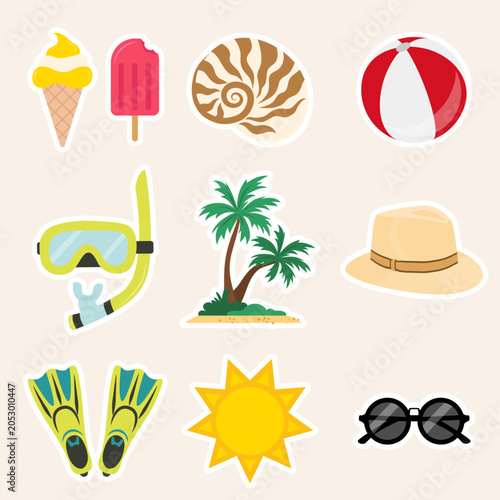 Summer icon pack. Set of  ice cream, sorbet, seashell, beach ball, diving mask, snorkel, fins, palm tree, island, panama hat, sun and sunglasses stickers in flat design. Vector illustration.