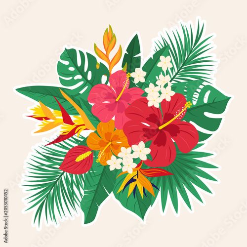 Tropical floral arrangement with Hibiscus, Monstera, Polynesian Tiare, Anthurium, Heliconia caribaea, Strelitzia reginae (Bird of paradise flower) and palms leaves. Vector illustration