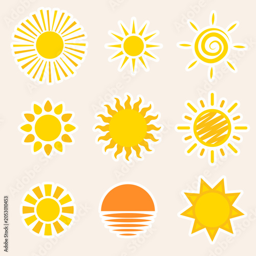 Set of suns stickers in flat design. Summer icon pack. Vector illustration. Minimalist and Solar icons (sunshine and sunset) in various styles representing warmth and bright light