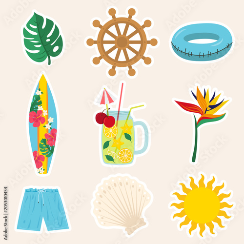 Summer icon pack. Set of monstera, boat wheel, buoy, surfboard, lemon cocktail, Strelitzia reginae (Bird of paradise flower), seashell, swim short and sun stickers in flat design. Vector illustration.