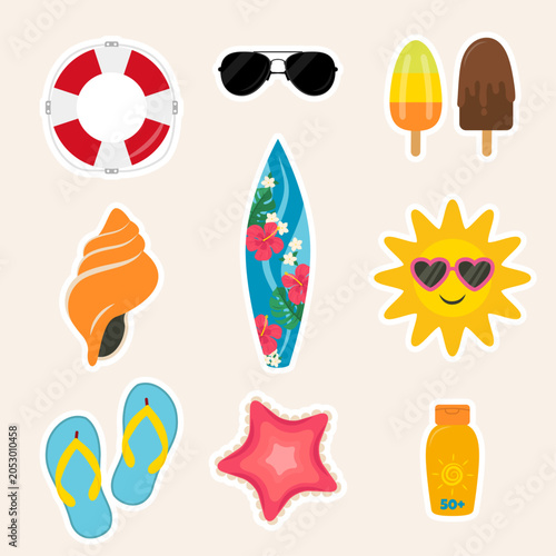 Summer icon pack. Set of lifebuoy, sunglasses, ice cream, seashell, surfboard, sunshine with sunglasses, flip-flops, starfish and sunscreen stickers in flat design. Vector illustration.