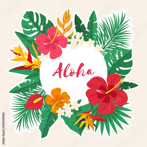 Tropical floral arrangement with frame and text 