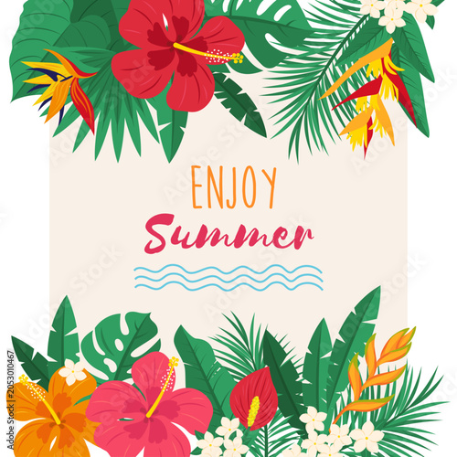 Tropical floral arrangement border and the text 