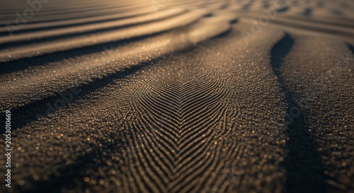 Macro view of beautiful wavy sand ripples in a desert with a herringbone-patterned tire track running through the center during a warm sunset.