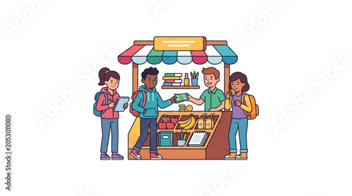 Children buying snacks from a market stall illustration.
