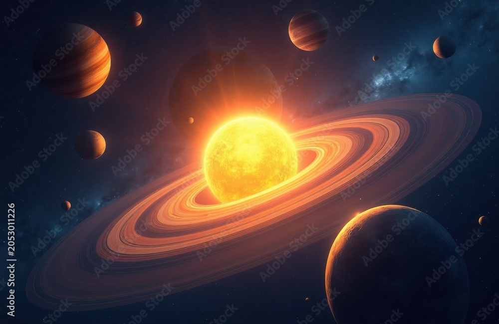 Fototapeta premium Fiery sun with ringed planet and other planets orbit through starry deep space. Celestial bodies glow with cosmic light. Universe exploration sci-fi.